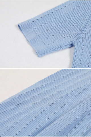 V-Neck Short Sleeve Knit Midi Dress with Buttons and Flared Hem