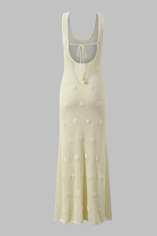 Crochet Blossom Scallop-Trim Back-Tie Long Knit Dress