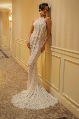 Halter Neck Lace Mermaid Long Dress  – Backless Sheer Dress with Lace-Up Detail and Train