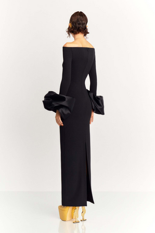 Sculpted Lantern Sleeve Off-Shoulder Long Dress