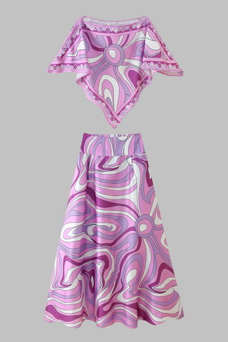 Retro Wave Satin Co-Ord Set – Abstract Scarf Top Long Skirt