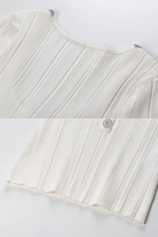 Ribbed Elastic Slim Fit U-Neck Long Sleeve Top with Rhinestone Trim