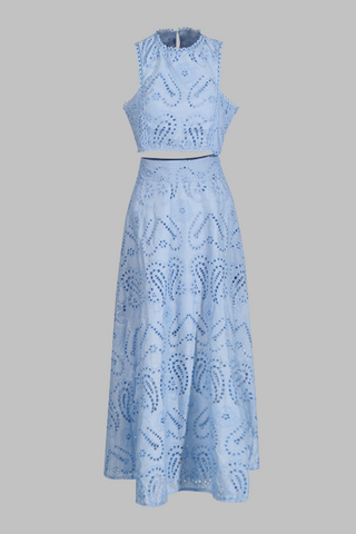 Sky Bloom Embroidered Eyelet Set  Round Neck Crop Top & High-Waist Maxi Skirt