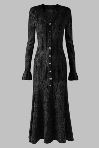 Knit Ribbed Button-Down Flare Maxi Dress with Fluted Cuffs – Long Sleeve Bodycon Elegant Style