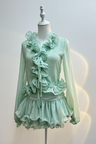 Mint Fantasy Ruffle Chiffon Set – Sheer Top & Skirted Shorts