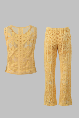 Sunflower Lace Embroidered Hollow Knit Sleeveless Button Up Top & Flared Pants Set