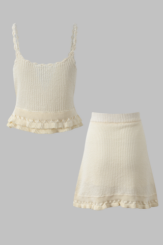 Ivory Crochet Knit Camisole & Lace-Up Skirt Set – Scalloped Straps, Ruffle Hem