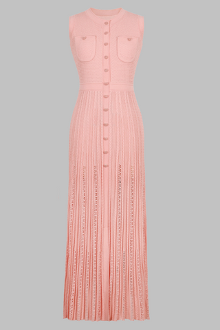 Elegant Sleeveless Textured Knit Long Dress with Button Front and Fitted Waistline