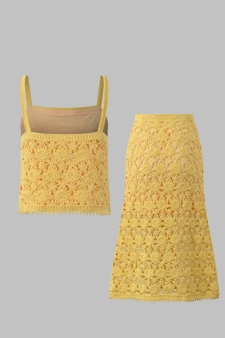 Sunshine Bloom Crochet Lace Camisole & A-Line Midi Skirt Set