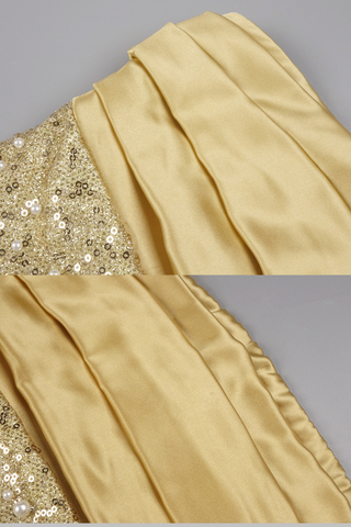 Gold  Pearl Strapless Sequin Long Dress