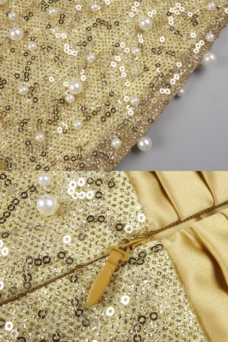 Gold  Pearl Strapless Sequin Long Dress