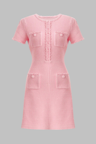 Knitted Pearl-Trim Slim Viscose Mini Dress with Pocket Detail