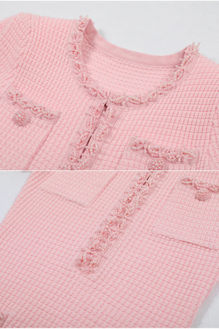 Knitted Pearl-Trim Slim Viscose Mini Dress with Pocket Detail