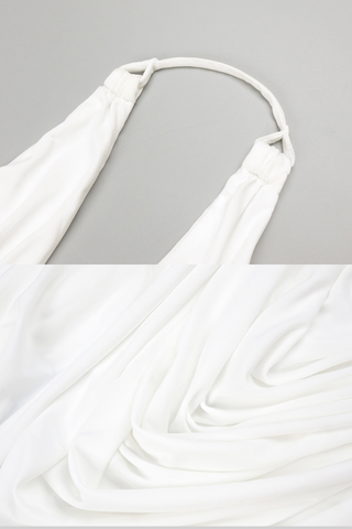 Halter Neck White Pleated Long Dress with Denim Corset Waist