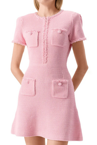 Knitted Pearl-Trim Slim Viscose Mini Dress with Pocket Detail