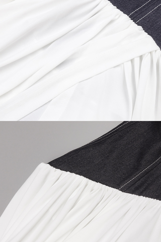 Halter Neck White Pleated Long Dress with Denim Corset Waist