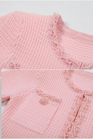 Knitted Pearl-Trim Slim Viscose Mini Dress with Pocket Detail