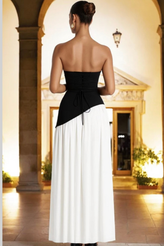 Backless Mesh Split Long Dress with Neck Scarf Detail