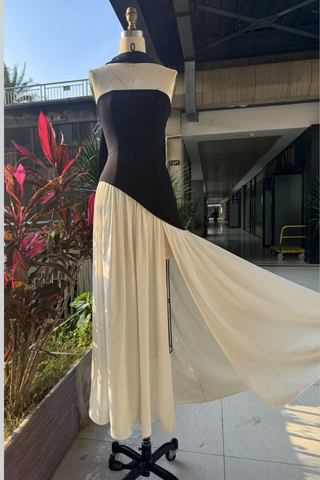 Backless Mesh Split Long Dress with Neck Scarf Detail