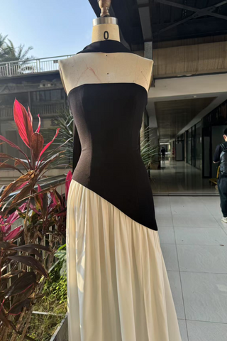 Backless Mesh Split Long Dress with Neck Scarf Detail