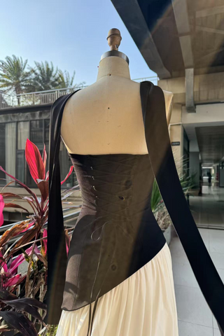 Backless Mesh Split Long Dress with Neck Scarf Detail