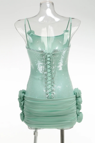 Mint Green Sequin Mini Dress with Floral Appliqué and Corset Lace-Up Back