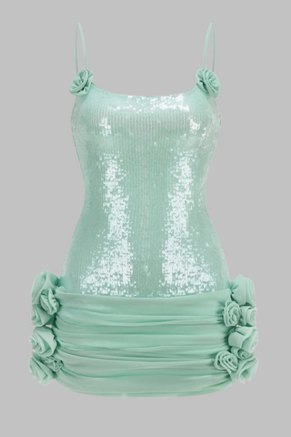 Mint Green Sequin Mini Dress with Floral Appliqué and Corset Lace-Up Back