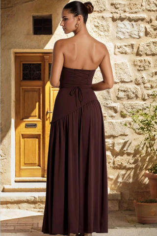Backless Mesh Split Long Dress with Neck Scarf Detail