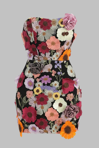 Strapless Floral Embroidered   with Lace-Up Back  Mini Dress
