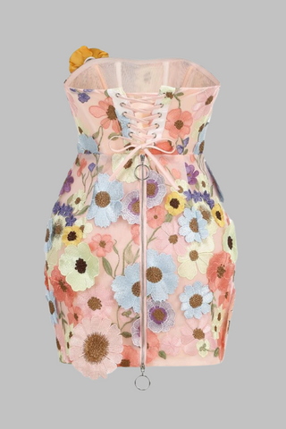 Strapless Floral Embroidered   with Lace-Up Back  Mini Dress
