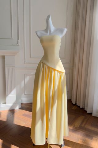 Asymmetric Strapless Yellow Pleated Built-In Neck Scarf Long Dress