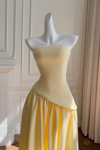 Asymmetric Strapless Yellow Pleated Built-In Neck Scarf Long Dress