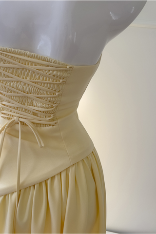 Asymmetric Strapless Yellow Pleated Built-In Neck Scarf Long Dress