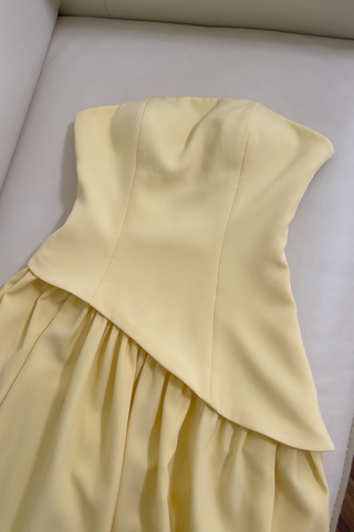 Asymmetric Strapless Yellow Pleated Built-In Neck Scarf Long Dress