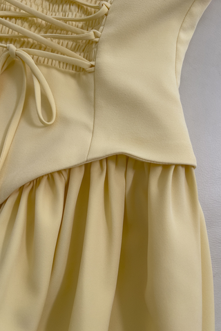 Asymmetric Strapless Yellow Pleated Built-In Neck Scarf Long Dress