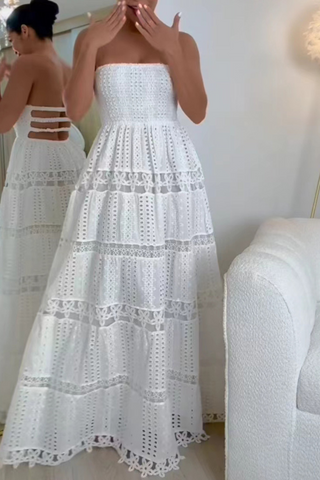 Backless Embroidered Flower Long Dress With Hollow Lace Details