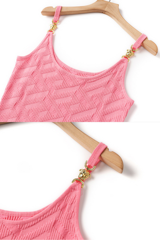 Textured Knit Bodycon Midi Dress with Gold Chain Strap Accents