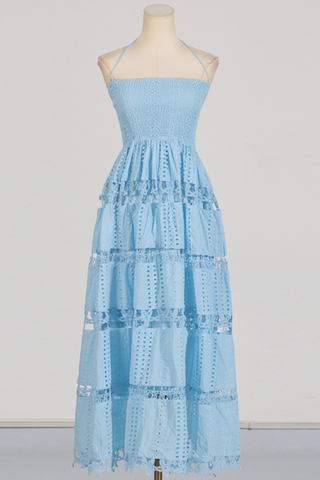 Backless Embroidered Flower Long Dress With Hollow Lace Details