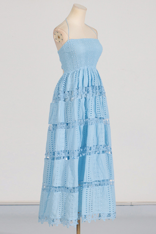 Backless Embroidered Flower Long Dress With Hollow Lace Details