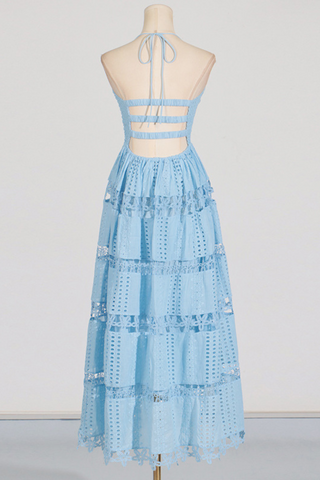 Backless Embroidered Flower Long Dress With Hollow Lace Details