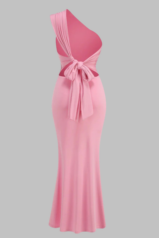 One-Shoulder Backless  Waist Bow Lycra Long Dress