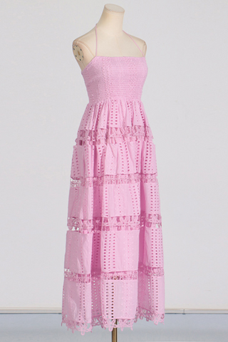 Backless Embroidered Flower Long Dress With Hollow Lace Details