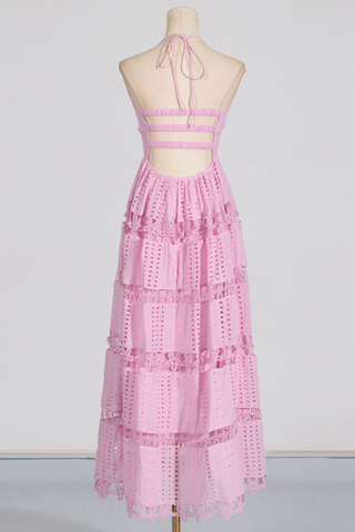 Backless Embroidered Flower Long Dress With Hollow Lace Details