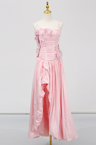 Strapless  Floral Ruched Slit Draped Long Dress