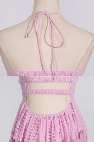 Backless Embroidered Flower Long Dress With Hollow Lace Details