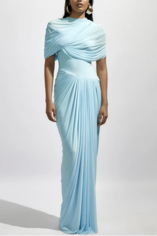 Asymmetrical Draped Mesh EveningLong Dress with Pleated Waist & Shoulder Wrap