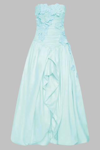 Strapless  Floral Ruched Slit Draped Long Dress