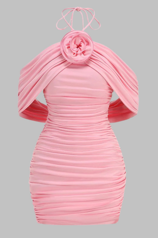 Pink Ruched Halter Neck Backless Off-Shoulder Flower Mini Dress
