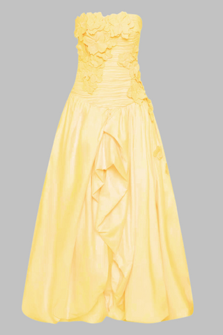 Strapless  Floral Ruched Slit Draped Long Dress