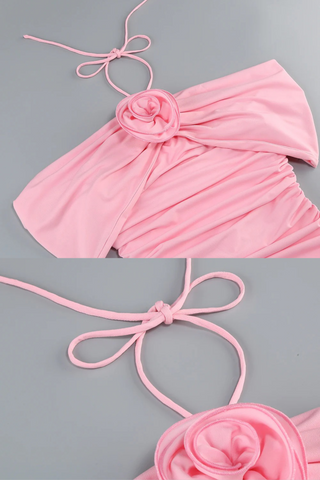 Pink Ruched Halter Neck Backless Off-Shoulder Flower Mini Dress
